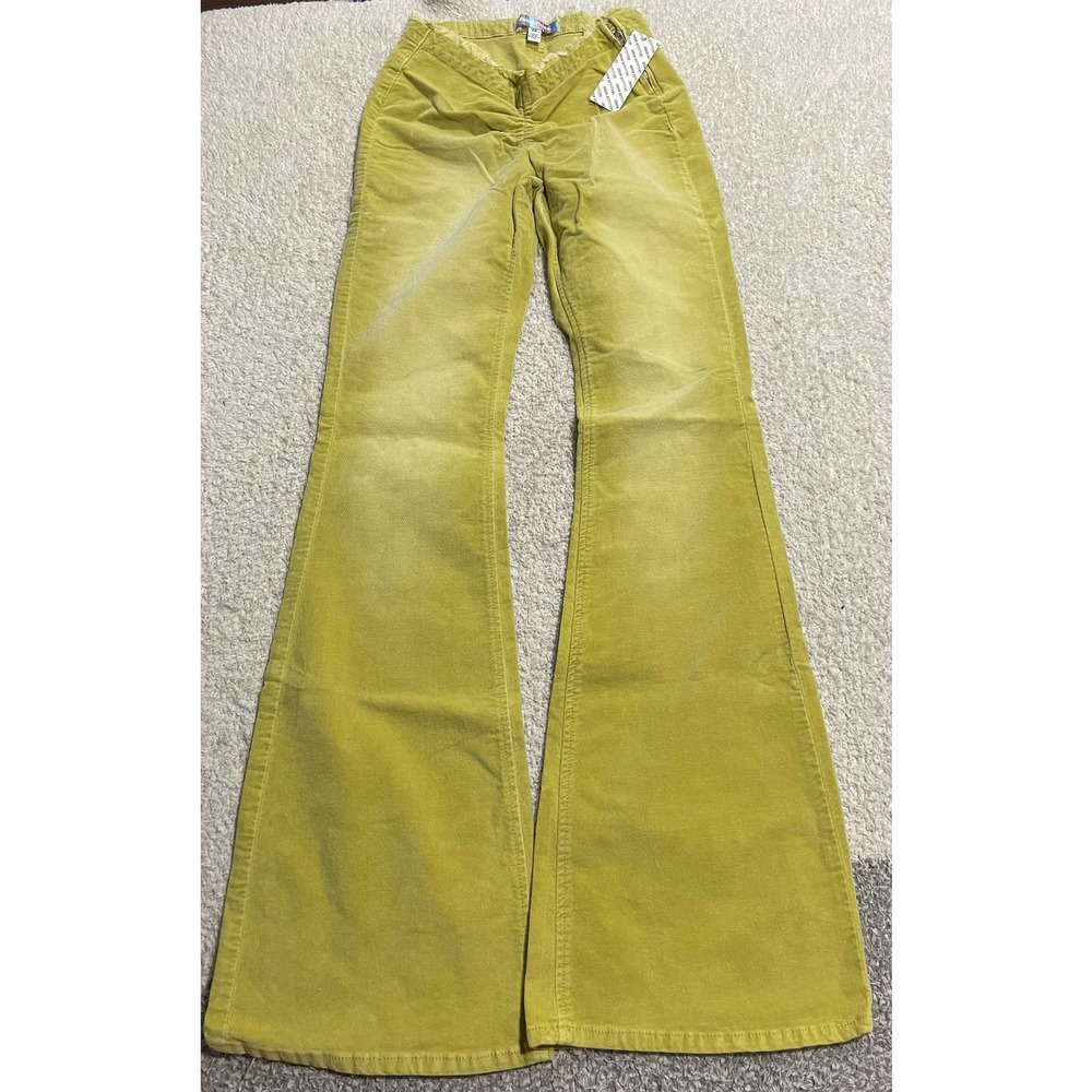 Urban Outfitters UO Velvet Ruched V-Front Flare Pants Chartreuse Lime 26